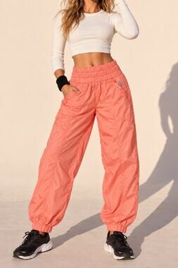 Women’s Orange Nylon Woven Jogger Pants Relaxed Tapered Pockets 27" Logo Solid
